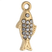 Fish charm 14x6 mm with rhinestones - 304 Gold Stainless Steel - Crystal x1