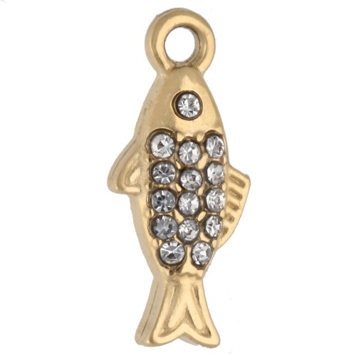 Fish charm 14x6 mm with rhinestones - 304 Gold Stainless Steel - Crystal x1
