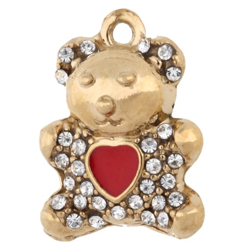 15x11.5mm resin heart & rhinestone teddy bear charm - 304 Stainless Steel Gold - Red x1