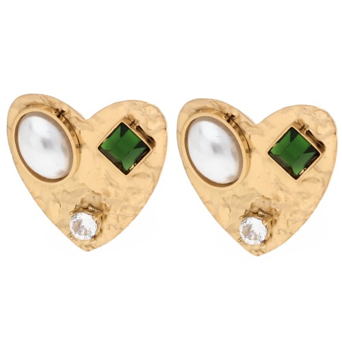 Heart-shaped earrings, 17x18mm cabochons and rhinestones - Gold-plated 304 stainless steel - White x2