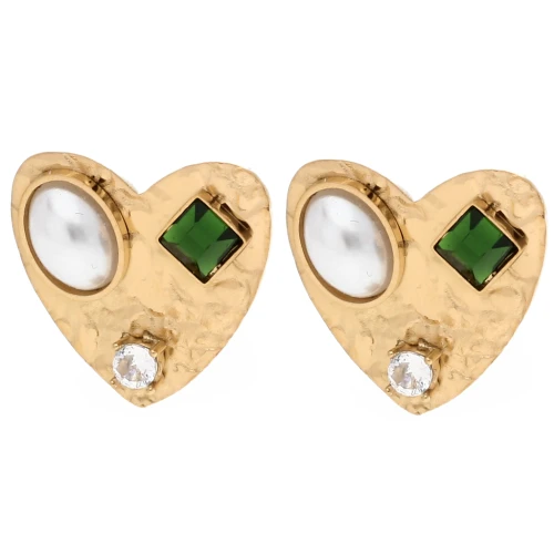 Heart-shaped earrings, 17x18mm cabochons and rhinestones - Gold-plated 304 stainless steel - White x2