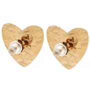 Heart-shaped earrings, 17x18mm cabochons and rhinestones - Gold-plated 304 stainless steel - White x2