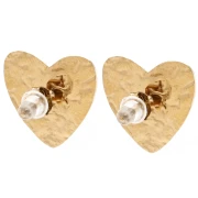 Heart-shaped earrings, 17x18mm cabochons and rhinestones - Gold-plated 304 stainless steel - White x2