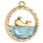 Round openwork charm 15 mm - marine pattern with epoxy - 304 Gold stainless steel - Blue