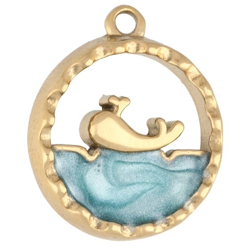 Round openwork charm 15 mm - marine pattern with epoxy - 304 Gold stainless steel - Blue