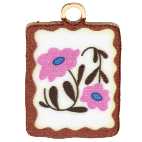 Rectangle charm 17x12mm UV print - Flower - 304 Stainless steel Gilded Multicolor