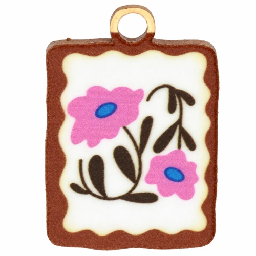 Rectangle charm 17x12mm UV print - Flower - 304 Stainless steel Gilded Multicolor
