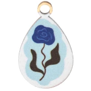 Drop Charm 17x10.5 mm UV Print - Flower - 304 Gold Stainless Steel - Blue x1