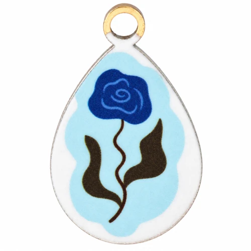 Drop Charm 17x10.5 mm UV Print - Flower - 304 Gold Stainless Steel - Blue x1