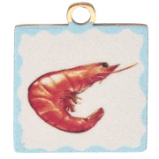 Square 17x14 mm UV Printed Shrimp Charm - 304 Gold Stainless Steel - Red