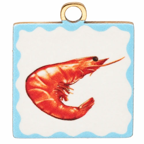 Square 17x14 mm UV Printed Shrimp Charm - 304 Gold Stainless Steel - Red