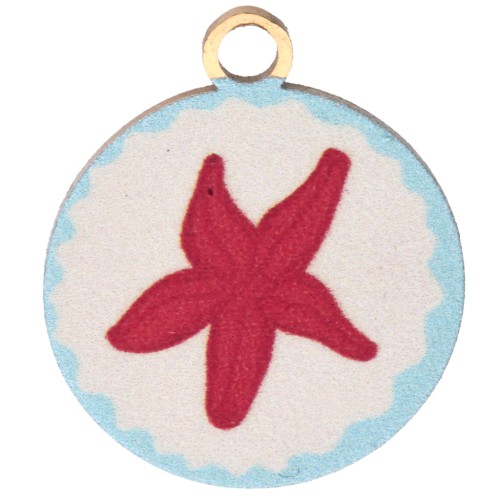 14.5 mm Round UV Printed Starfish Charm - 304 Gold Stainless Steel - Red