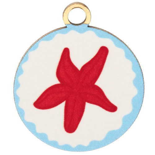 14.5 mm Round UV Printed Starfish Charm - 304 Gold Stainless Steel - Red