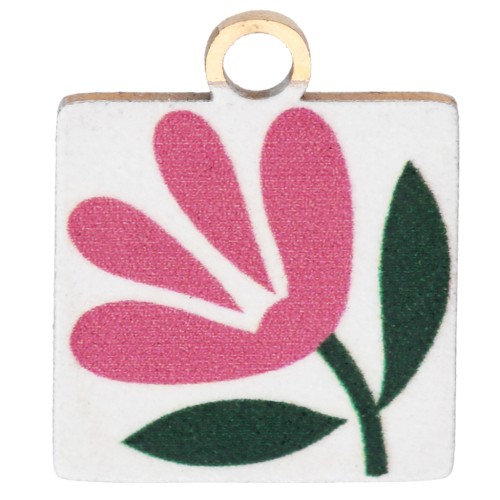 Square charm 14x12mm UV print - Flower - Stainless steel 304 Gilded - White - Pink
