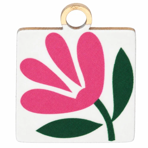 Square charm 14x12mm UV print - Flower - Stainless steel 304 Gilded - White - Pink