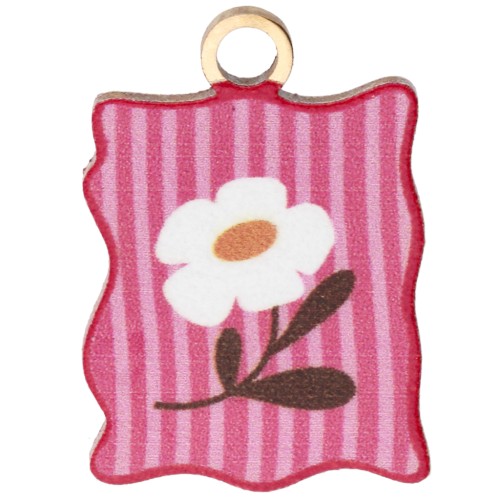 17x12mm UV printed rectangle charm - Flower & stripes - Rose Gold 304 stainless steel