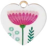 Heart charm 15.5 mm UV print - Flower - Stainless steel 304 Gilded - White - Pink