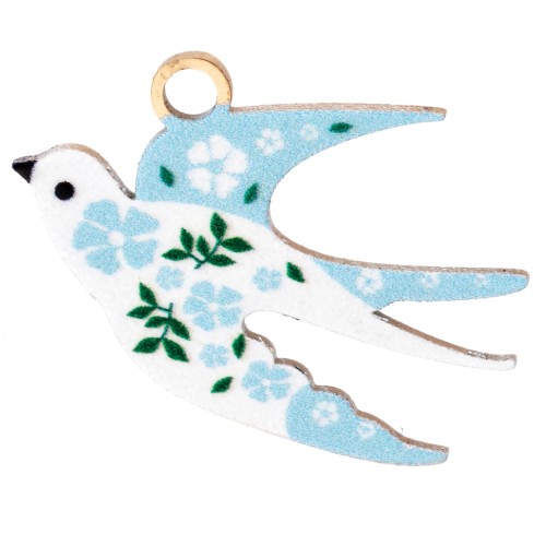 Bird pendant 14x20 mm UV print - Flower - 304 Gold stainless steel - Light blue