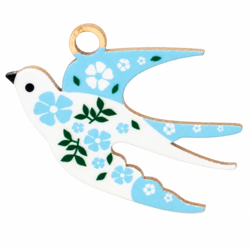 Bird pendant 14x20 mm UV print - Flower - 304 Gold stainless steel - Light blue