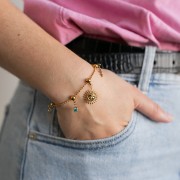 1.5 mm ball-link bracelet with 5 5 mm stopper beads, 304 stainless steel, gold-plated, 18 cm