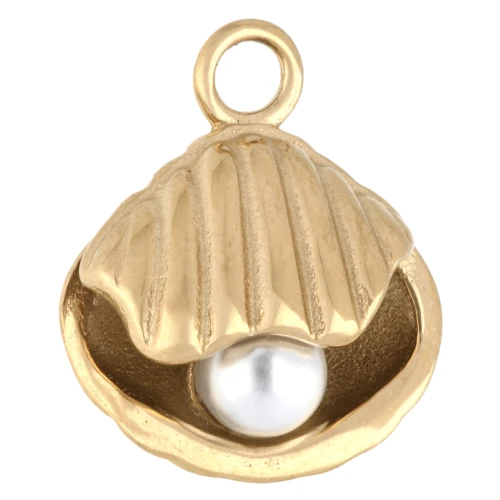17.5x15 mm seashell charm with imitation mother-of-pearl bead, 304 stainless steel, gold-plated - white