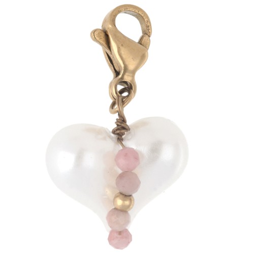 ABS Heart Charm and Beads with Clasp - Gold-Plated 304 Stainless Steel - White x1