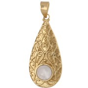 Ethnic teardrop pendant, 39x18 mm, 8 mm rose quartz gemstone—Fine gold plated