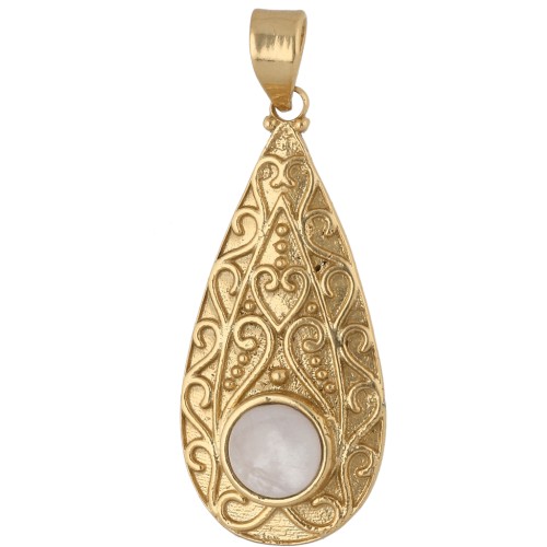 Ethnic teardrop pendant, 39x18 mm, 8 mm rose quartz gemstone—Fine gold plated