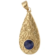Ethnic teardrop pendant, 39x18 mm, 8 mm gemstone - Sapphire - Fine gold plated