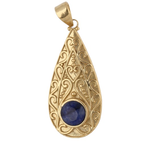 Ethnic teardrop pendant, 39x18 mm, 8 mm gemstone - Sapphire - Fine gold plated