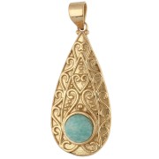 Ethnic teardrop pendant, 39x18 mm, 8 mm gemstone - Amazonite - Fine gold plated
