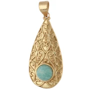 Ethnic teardrop pendant, 39x18 mm, 8 mm gemstone - Amazonite - Fine gold plated