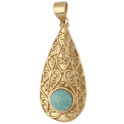 Ethnic teardrop pendant, 39x18 mm, 8 mm gemstone - Amazonite - Fine gold plated