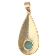 Ethnic teardrop pendant, 39x18 mm, 8 mm gemstone - Amazonite - Fine gold plated