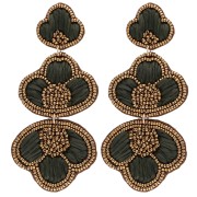 99x45 mm Dangle Earrings with Raffia and Embroidered Beads - Bronze - Gray (2 pairs)