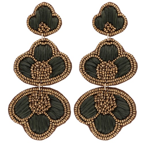99x45 mm Dangle Earrings with Raffia and Embroidered Beads - Bronze - Gray (2 pairs)