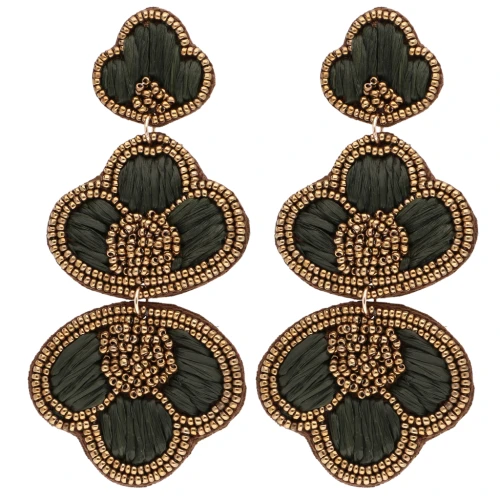 99x45 mm Dangle Earrings with Raffia and Embroidered Beads - Bronze - Gray x2