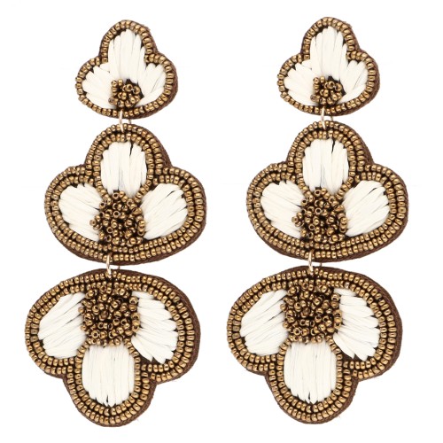 99x45 mm Dangle Earrings with Embroidered Raffia and Beads - Bronze - Ecru (2 pairs)