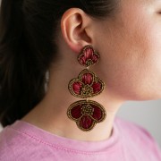 99x45 mm Dangle Earrings with Embroidered Raffia and Beads - Bronze - Ecru (2 pairs)