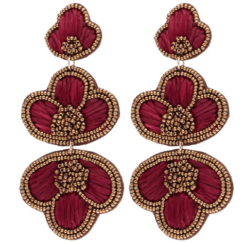 99x45 mm Dangle Earrings with Raffia and Embroidered Beads, Bronze - Burgundy (Set of 2)