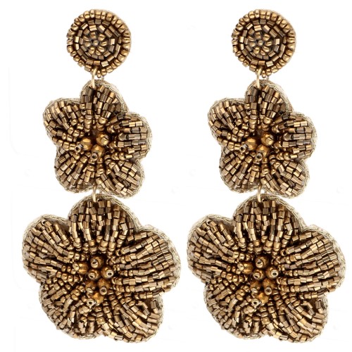 91x43 mm Flower Dangle Earrings Made of Embroidered Beads - Bronze (2 pairs)