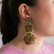 91x43 mm Flower Dangle Earrings Made of Embroidered Beads - Bronze (2 pairs)