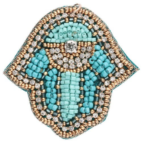 Fatma's Hand Pendant, 55.5x56mm, with Embroidered Beads and Rhinestones - Turquoise - Crystal x1