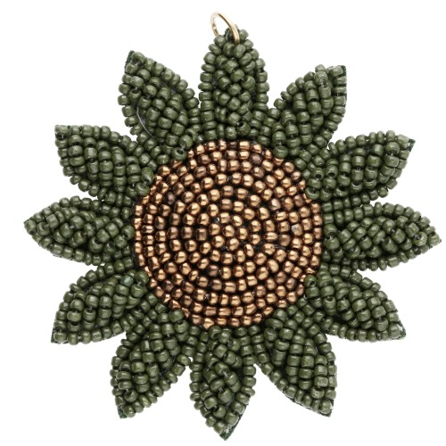 60 mm sunflower pendant made of embroidered beads - Khaki - Bronze x1