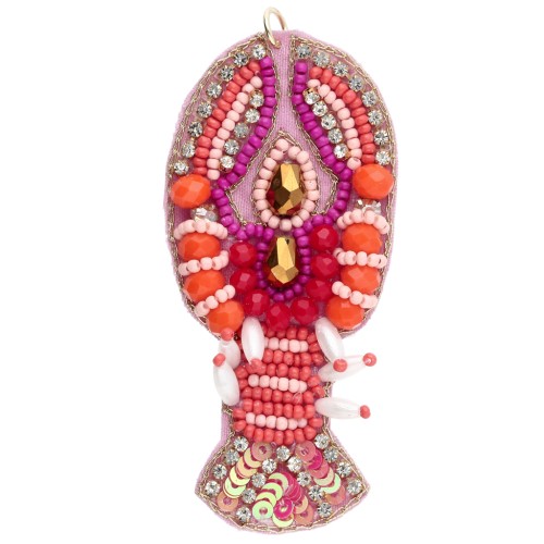 73x32 mm embroidered bead lobster pendant - Pink - Orange x1