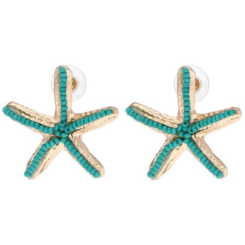 35x37 mm Starfish Earrings with Beads - Gold-Plated - Turquoise x2