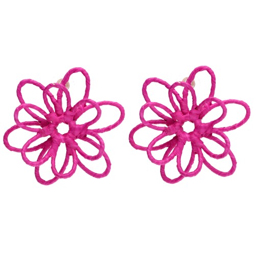 Wire Flower Earrings - 3D Design - 52 mm in Raffia - Fuchsia (2 pairs)