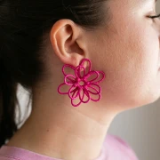 Wire Flower Earrings - 3D Design - 52 mm in Raffia - Fuchsia (2 pairs)