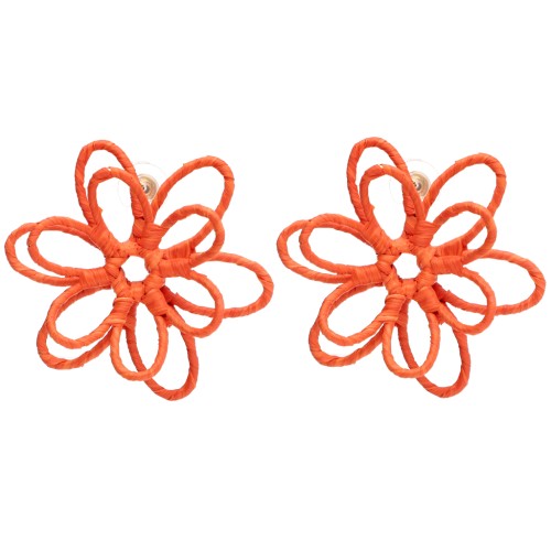 Wire Flower Earrings - 3D Design - 52 mm in Raffia - Orange (2 pairs)