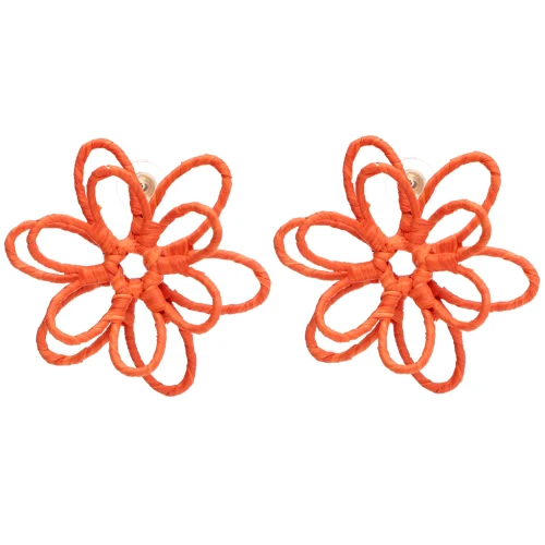 Wire Flower Earrings - 3D Design - 52 mm, made of raffia - Orange x2